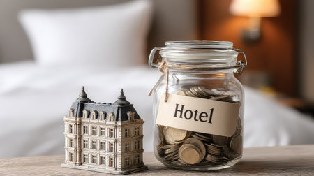 A unique hotel-themed arrangement featuring a glass jar filled with coins next to a small hotel model, set in an inviting hotel room atmosphere.の素材