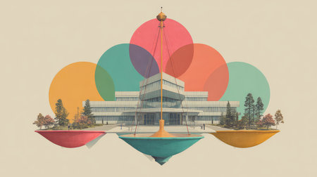 This captivating image showcases a modern architectural design featuring colorful geometric shapes and a serene fountain in an urban setting, inviting exploration.の素材