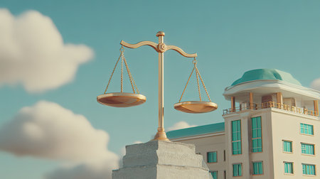 A striking depiction of golden scales of justice set against a clear blue sky and modern building, representing balance, fairness, and the law in society.の素材