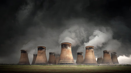 An impressive view of multiple industrial cooling towers, emitting steam into a dramatic cloudy sky, capturing the essence of industrial energy production.の素材