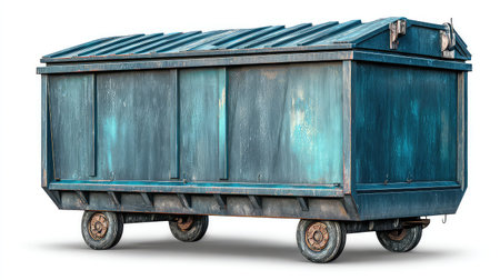 A detailed image of a weathered blue dumpster on wheels showcasing its industrial design. The structure features a rusty exterior and practical utility.の素材