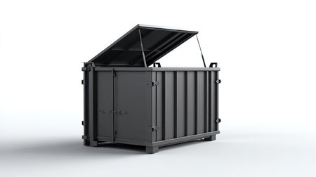 A high-quality image of an industrial grey waste container with an open lid, ideal for illustrating concepts related to waste, recycling, and environmental cleanliness.の素材