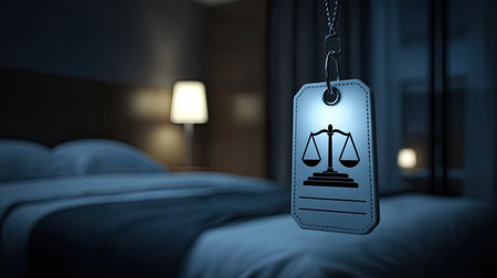 This serene image captures a justice symbol tag elegantly hanging in a softly lit room at night. The ambiance is warm and inviting, creating a tranquil atmosphere.の素材