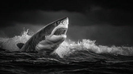 A striking black and white image of a great white shark breaching the ocean surface, showcasing the power and beauty of marine wildlife in dramatic waves.の素材