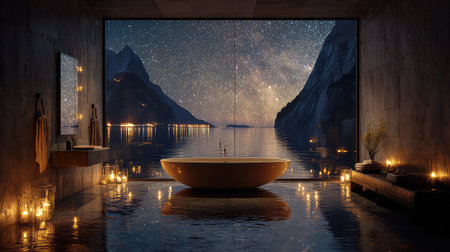 This elegant modern bathroom features a stunning view of a starry night sky over tranquil water and mountains. Warm candlelight enhances the serene and relaxing atmosphere, making it a perfect retreat for wellness and comfort.の素材