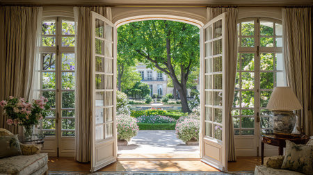 A beautifully designed living room features open French doors that invite natural light and showcase a picturesque garden view, blending indoor and outdoor beauty.の素材