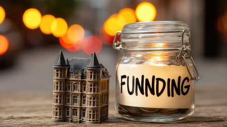 A visually appealing scene featuring a miniature house next to a jar labeled "Funding," symbolizing financial planning for real estate investment.の素材
