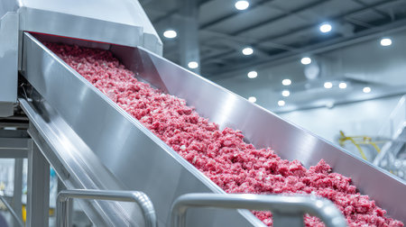 A detailed view of a processing facility showcasing a conveyor belt transporting freshly ground beef in a modern industrial setting.の素材