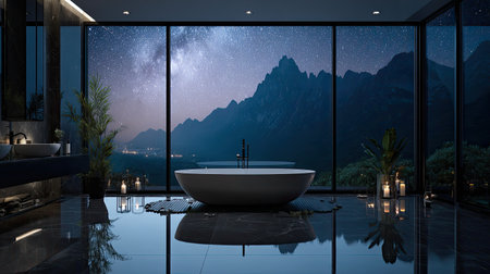 A serene bathroom featuring a stylish bathtub with an expansive glass view of starry mountains at night, creating a peaceful and luxurious atmosphere.の素材