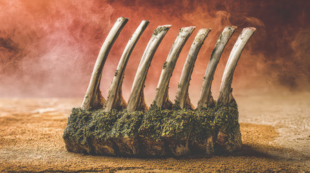 A stunning presentation of a rustic lamb rack featuring fresh herbs, with a smoky background that highlights the textures and colors of this gourmet dish.の素材