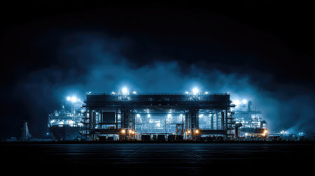 A stunning industrial facility stands illuminated at night, casting a blue glow through fog, creating a captivating scene of modern engineering and energy production.の素材