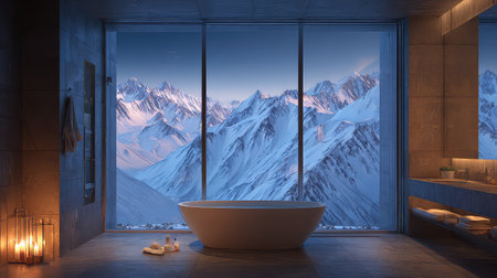 Experience ultimate relaxation in this beautiful bathroom with a stunning view of snow-covered mountains, offering a perfect blend of luxury and nature.の素材