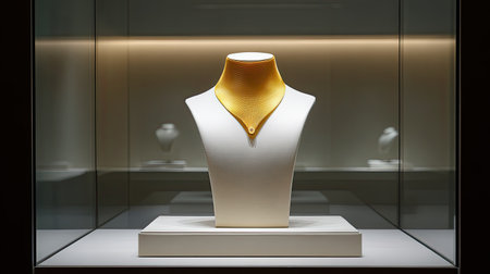 A stunning gold necklace elegantly displayed in a modern showroom under soft lighting, showcasing exquisite design and craftsmanship in luxury jewelry.の素材