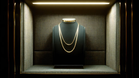 This image features an exquisite gold necklace elegantly displayed on a black mannequin within a well-lit showcase, emphasizing luxury and impeccable craftsmanship.の素材