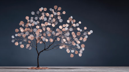 A stunning metallic tree sculpture featuring copper and silver leaves against a dark background, representing wealth, prosperity, and artistic creativity. Perfect for modern decor.の素材