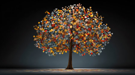 This stunning artistic representation of a vibrant tree showcases colorful leaves reflecting autumn hues against a dark backdrop, perfect for creative uses.の素材