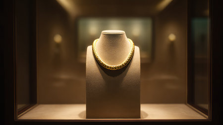 A stunning gold necklace showcased in a luxurious jewelry display, featuring soft lighting that highlights the craftsmanship and beauty of the piece.の素材