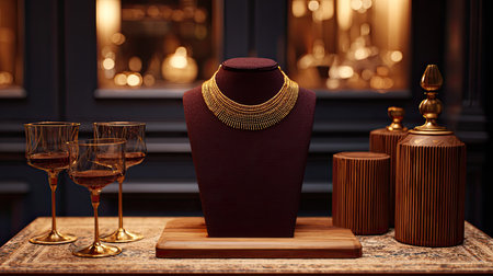 A stunning gold necklace is elegantly displayed on a textured bust against a warm, inviting backdrop. Accompanied by exquisite glasses and decorative pieces, this image captures the essence of luxury. Perfect for lifestyle and fashion contexts.の素材