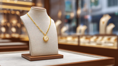 This stunning image captures an elegant gold necklace displayed in a modern jewelry store, showcasing craftsmanship and luxury in soft lighting.の素材