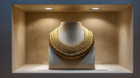 A stunning gold necklace elegantly displayed in a refined showcase, featuring soft lighting and a textured background, perfect for highlighting luxury jewelry.の素材