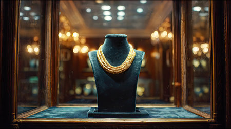 This stunning image captures an elegant gold necklace displayed in a luxurious boutique, surrounded by soft ambient lighting that enhances its beauty.の素材