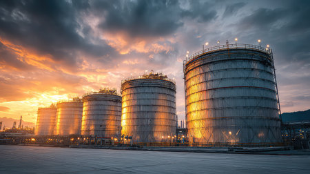 This image captures industrial storage tanks illuminated by sunset, showcasing the dramatic interplay between technology and nature in an oil refinery setting.の素材