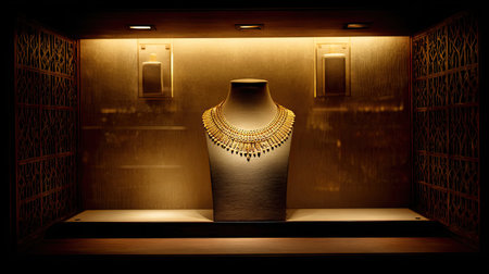 This stunning image features an exquisite golden necklace displayed elegantly in a luxurious case, with warm lighting enhancing its striking design and beauty.の素材