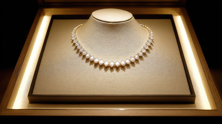 This exquisite diamond necklace is beautifully displayed under soft lighting on a textured jewelry case, highlighting its elegance and luxury appeal.の素材