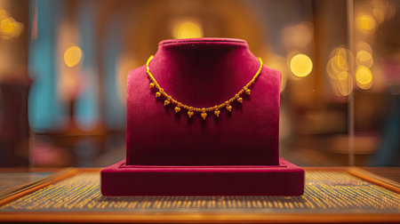 A stunning gold necklace displayed elegantly in a jewelry showcase, surrounded by a soft, violet fabric and enchanting bokeh lights in the background.の素材