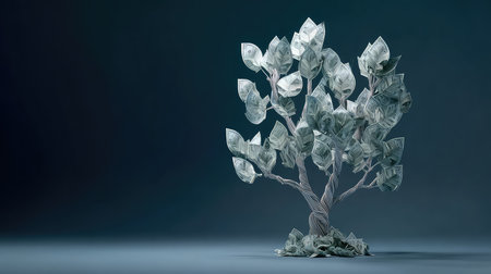 This stunning image captures a creatively crafted money tree, symbolizing financial growth and prosperity. The intricate design features paper leaves, emphasizing art's role in expressing wealth.の素材