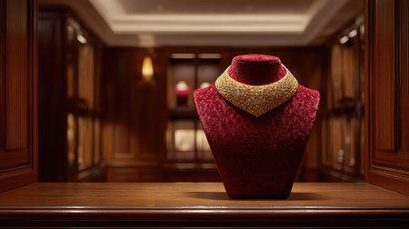 A stunning gold necklace is showcased elegantly on a plush velvet bust, set within a luxurious jewelry store, surrounded by warm wood elements.の素材