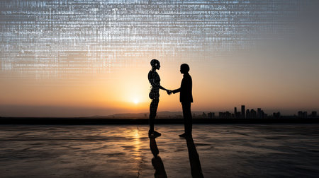 A striking image depicting a human and a robot shaking hands at sunset, symbolizing the future of technology and collaboration in an innovative world.の素材