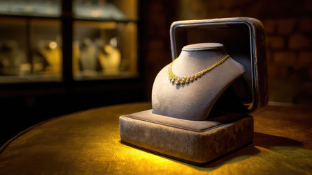A stunning gold necklace showcased on an elegant jewelry stand, beautifully illuminated in a luxurious boutique setting, perfect for fashion-themed visuals.の素材