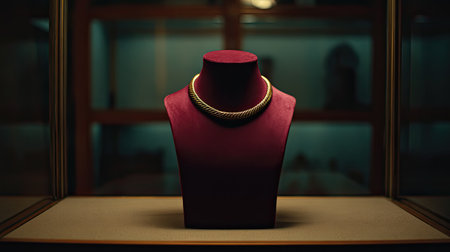 An elegant gold necklace is beautifully displayed on a sophisticated jewelry stand inside a softly lit showcase, emphasizing its luxurious design and craftsmanship.の素材