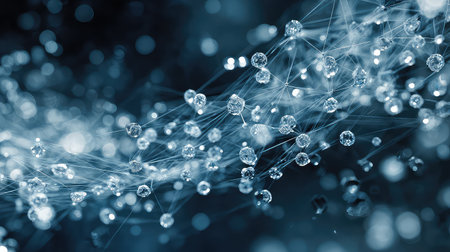This image features an abstract representation of molecular structures illuminated in blue and silver, showcasing glowing particles and intricate connections.の素材