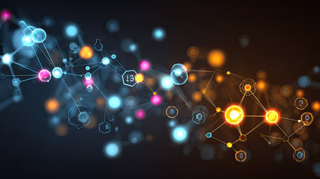 This abstract image showcases vibrant digital connections with colorful particles and geometric shapes, illustrating the dynamic flow of technology and data.の素材