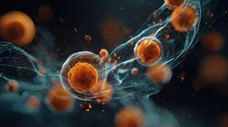 This captivating image showcases an abstract representation of cellular structures with vibrant orange particles and flowing light trails against a dark background.の素材