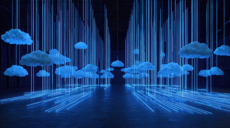 This captivating art installation features ethereal clouds suspended in a dark room illuminated by vibrant blue neon lights, creating a dreamlike atmosphere.の素材