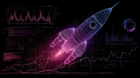 A vibrant and dynamic illustration of a futuristic rocket launching, surrounded by neon colors and intricate graphs representing data analysis and technology evolution.の素材