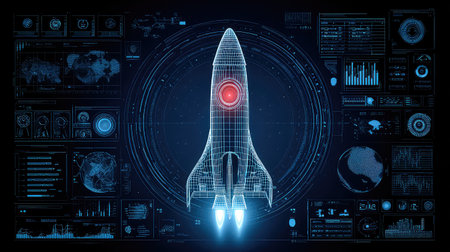 This image features a futuristic rocket design against a high-tech digital interface, showcasing various data visualizations related to space exploration and technology.の素材