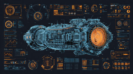 Detailed futuristic spaceship blueprint featuring a complex digital interface, highlighting technical data, analysis, and innovative design elements in a neon color scheme.の素材
