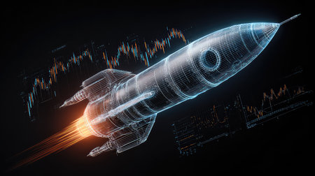 A visually striking illustration of a futuristic rocket launching with a vibrant energy trail, set against a backdrop of dynamic data graphs symbolizing innovation and technology.の素材