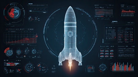 This image showcases a futuristic wireframe rocket with an array of digital analytics and data visualization elements, representing space exploration and tech advancement.の素材