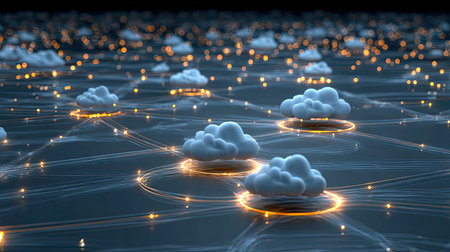 This image depicts a digital network of clouds interconnected by glowing lines, representing modern data storage and technology concepts in a futuristic setting.の素材