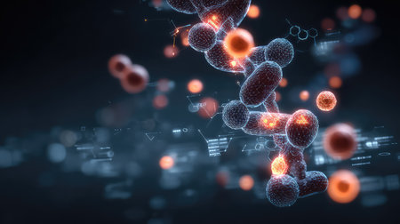 This image presents an abstract view of a DNA molecule intertwined with genetic data, highlighting the intersection of biotechnology and scientific research.の素材