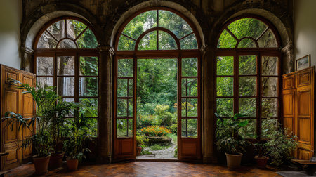 A stunning view from inside a room with arched windows revealing a vibrant, lush garden. The scene is framed by rich wooden details and indoor plants, creating a peaceful and inviting ambiance.の素材