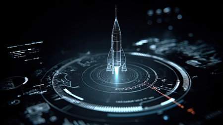 A stunning graphic showcasing a futuristic rocket launch set against a digital interface, symbolizing innovation in space exploration and technology.の素材
