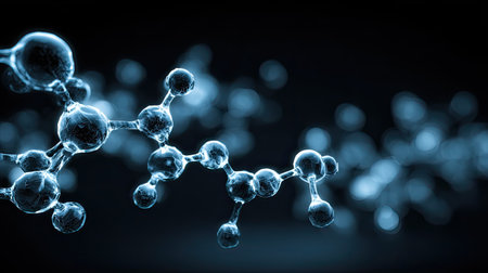 This abstract image showcases molecular structures with glowing particles set against a dark background. It represents concepts in science and technology.の素材