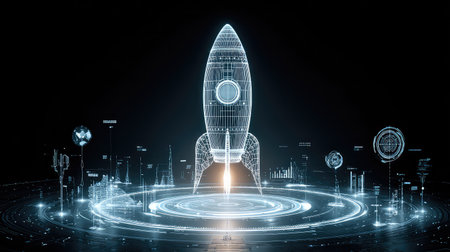 This stunning digital artwork showcases a futuristic rocket launch against a sleek sci-fi background. Ideal for technology, innovation, and exploration themes.の素材