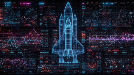 A futuristic rocket launch concept featuring a detailed digital representation surrounded by vibrant data visualizations and analytical graphs. Perfect for tech and innovation themes.の素材